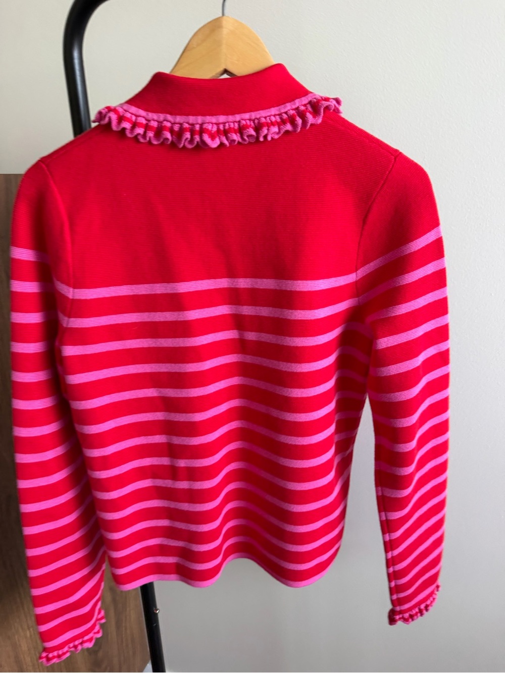 Boden Red & Pink Striped Ruffle Collar Cardigan Sweater Size S NWOT Wool Cotton - Picture 6 of 13